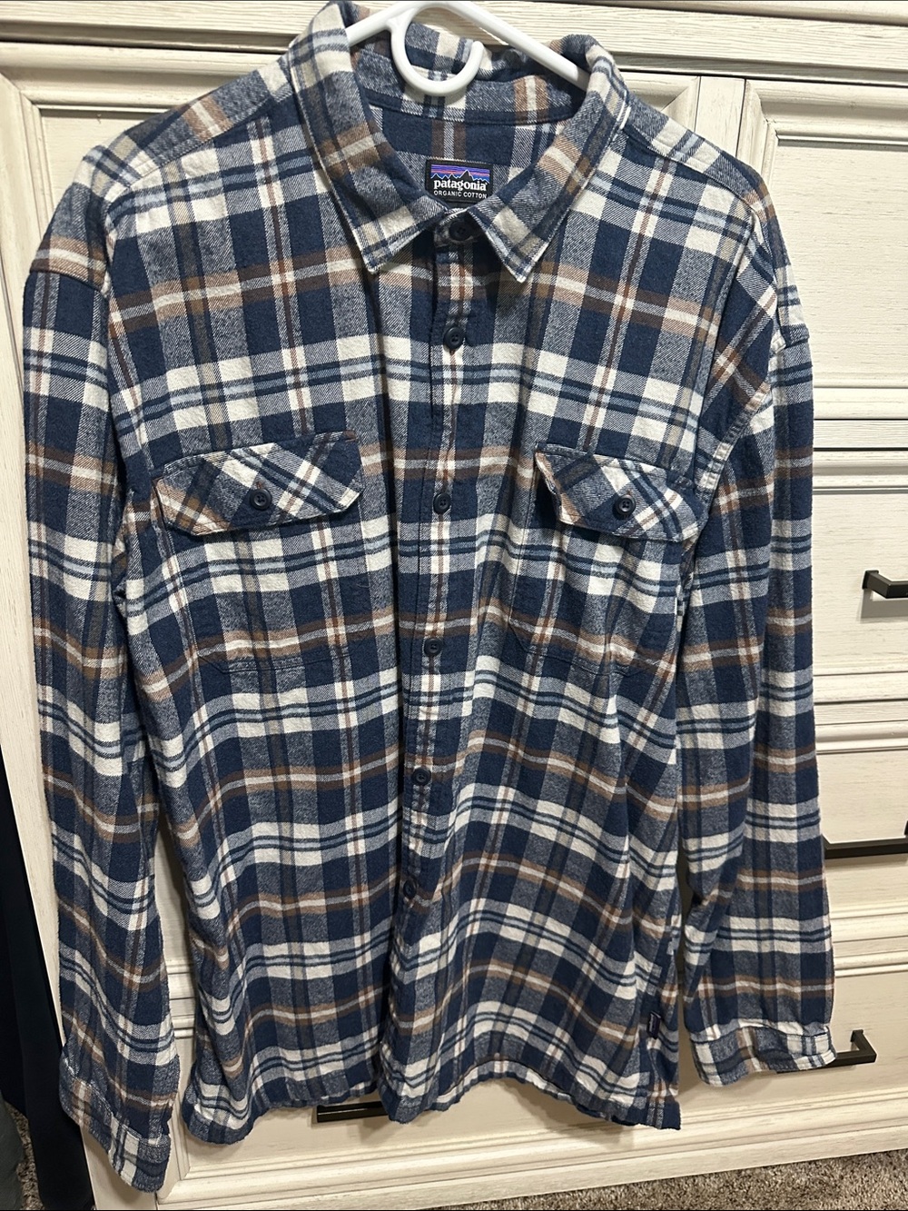 Patagonia Navy, Brown & White Plaid Button-Up Flannel Shirt